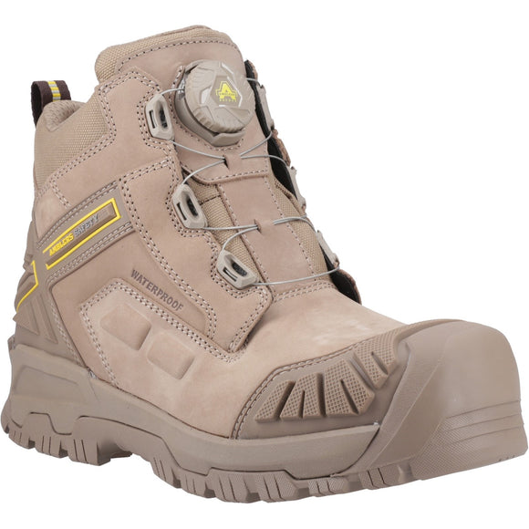 Beige work boot with visible brand logo on a white background