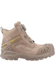 Beige safety boot with yellow accents on a white background