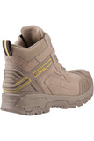 Tan safety work boot with yellow accents on a white background