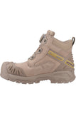 Tan safety boot with yellow accents on a white background