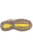 Close-up of a safety boot sole with yellow tread pattern on a white background