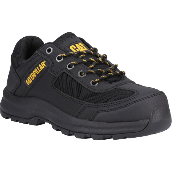A black Caterpillar safety trainer with steel toe cap, featuring a lace-up closure and the brand logo on the side.