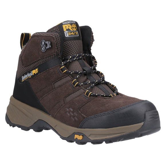 A brown, lace-up Timberland Pro Switchback LT S1P safety boot with a composite toe cap and a non-marking rubber outsole.