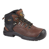 Brown leather safety boot with toe and heel bumpers
