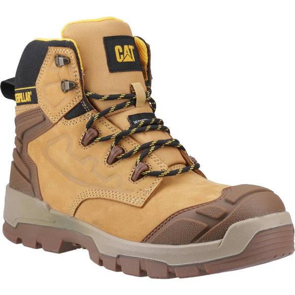 A Caterpillar Striver XL 6-inch safety boot with steel toe cap in brown color, featuring a lace-up closure, padded collar, and a thick rubber outsole.