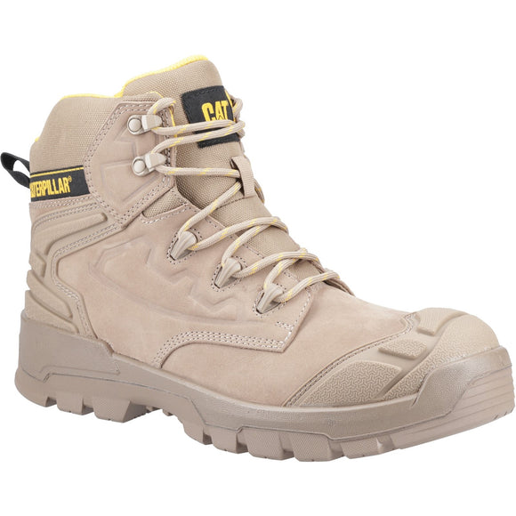 A beige Caterpillar Striver XL 6 inch safety boot with steel toe cap, featuring a lace-up closure, padded collar, and deep-cleated rubber outsole.