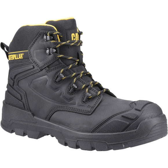 A black Caterpillar Striver XL 6 inch safety boot with steel toe cap, featuring a lace-up closure, padded collar, and a deep-cleated rubber outsole.