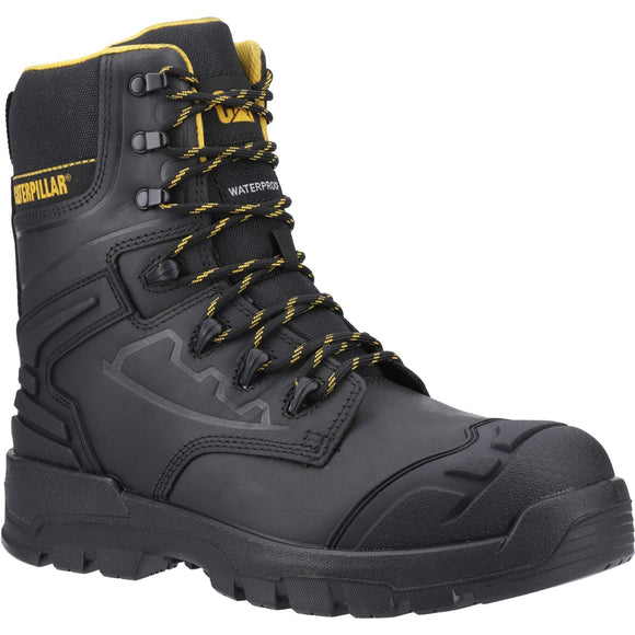 A black Caterpillar Striver XL 8 inch safety boot with side zip and steel toe cap.