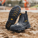 Caterpillar Striver XL S7 black dealer boot showing slip-resistant sole tread with CAT branding