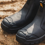 Caterpillar Striver XL S7 black dealer boot steel toe with rubber scuff cap protection close-up