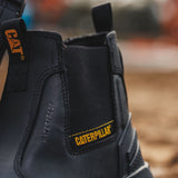 Caterpillar Striver XL S7 black dealer boot elastic gusset detail with waterproof branding