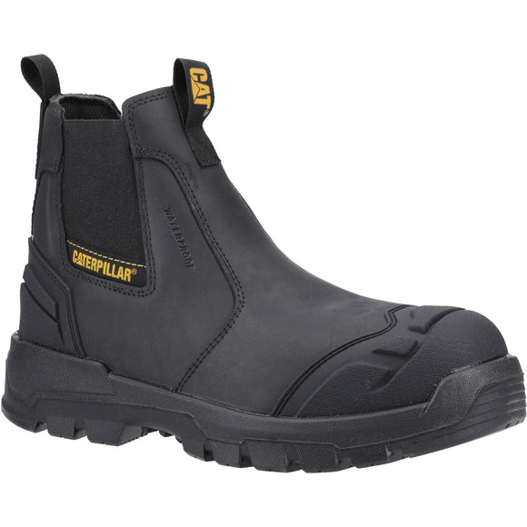 A black Caterpillar Striver XL Dealer Safety Boot with steel toe cap, designed for demanding work environments.