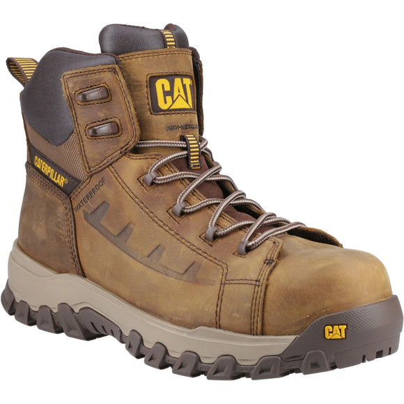 A brown Caterpillar Threshold Rebound S7L safety boot with a composite toe cap. It features a lace-up closure, a waterproof leather upper, and a thick, rugged sole.