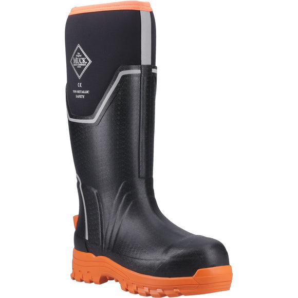 A black and orange Muck Boots Women's Grit S5 Safety Wellington boot with a composite toe cap.