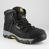 Amblers FS32 waterproof S3 black safety boot with steel toe and midsole, wide fitting, front angle