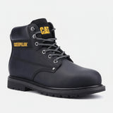 Caterpillar Powerplant S3 GYW black leather safety boot with steel toe cap and wide fit, side view