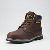 Caterpillar Powerplant S3 GYW brown leather safety boot with steel toe cap and wide fit, side view