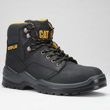 Caterpillar Striver S3 black leather safety boot with steel toe cap and wide fit, front angle