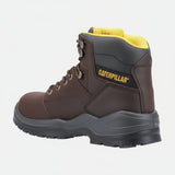Caterpillar Striver S3 brown leather safety boot back angle showing ankle padding and laceing points