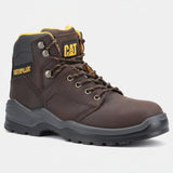 Caterpillar Striver S3 brown leather safety boot front angle showing lace-up and steel toe
