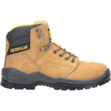 Caterpillar Striver S3 honey nubuck safety boot side profile showing padded collar and lace system